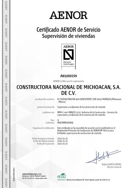 Certificado AENOR de Servicio Supervisión de Viviendas